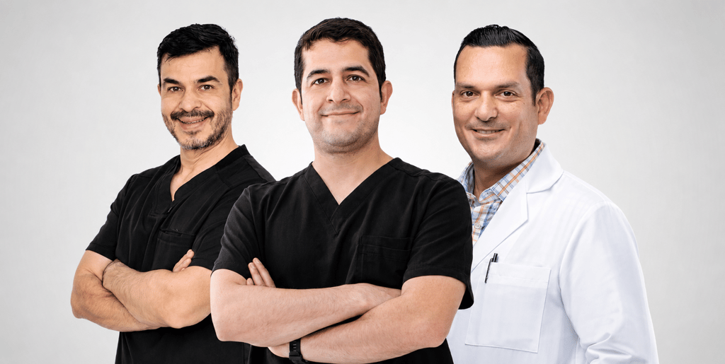 Mommy makeover Landing 11 Three smiling male medical professionals standing together against a light gray background; two are wearing black scrubs with crossed arms, and one is wearing a white lab coat.
