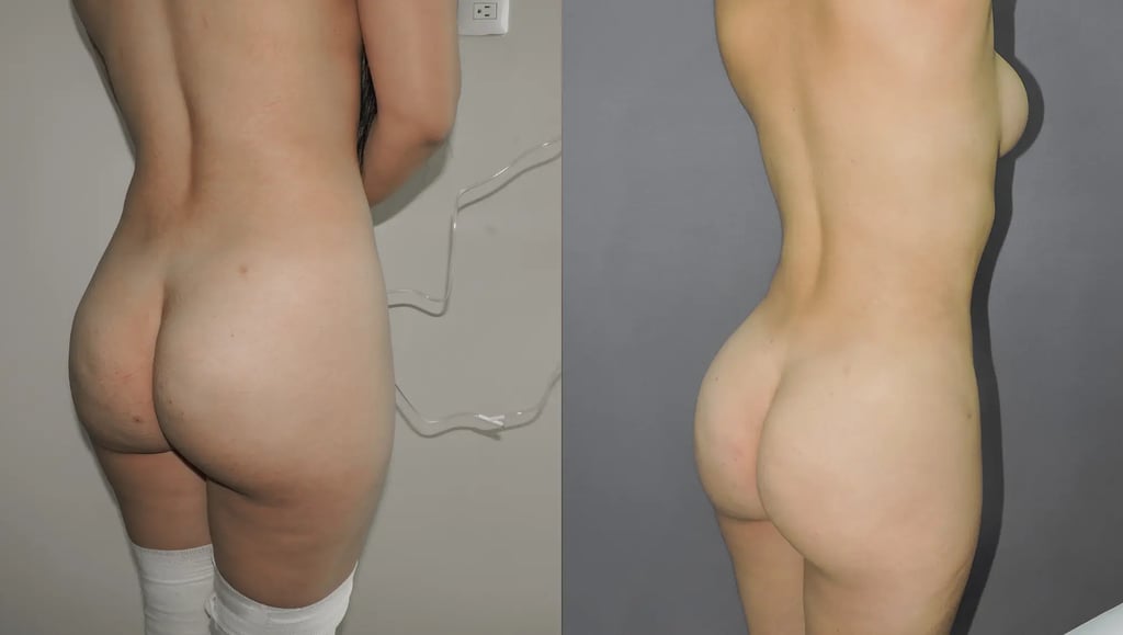 Side-by-side comparison of liposuction results in a patient, showing significant fat removal from the lower back and flanks for a sculpted body contouring in Tijuana.
