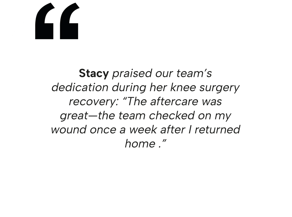 Patient testimonial from Stacy praising the surgical aftercare and recovery support in Tijuana.