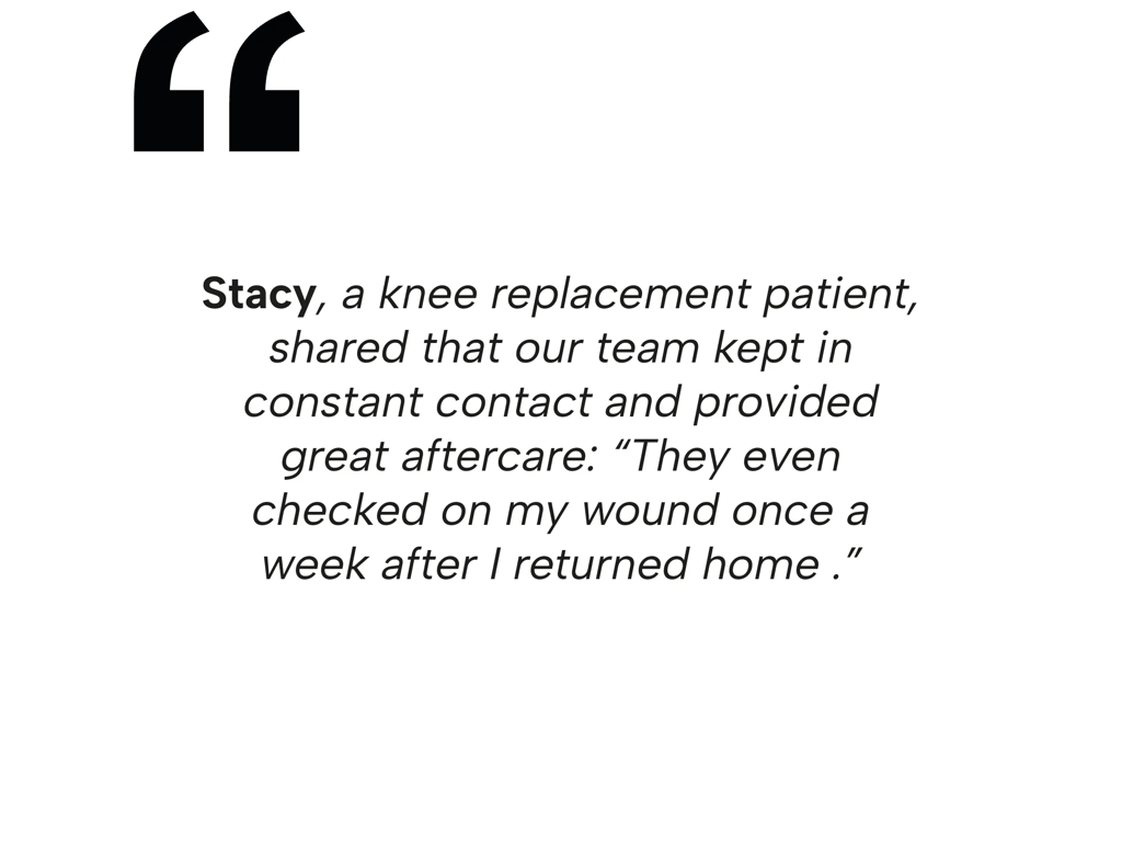 A testimonial from Stacy, a patient in Mexico, praising the constant contact and excellent medical aftercare provided by our team.