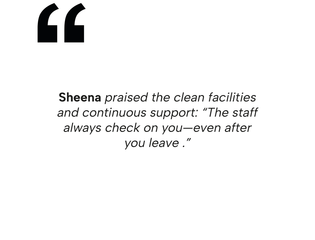 A patient testimonial from Sheena praising the clean facilities and continuous staff support for regenerative spine therapy in Mexico.