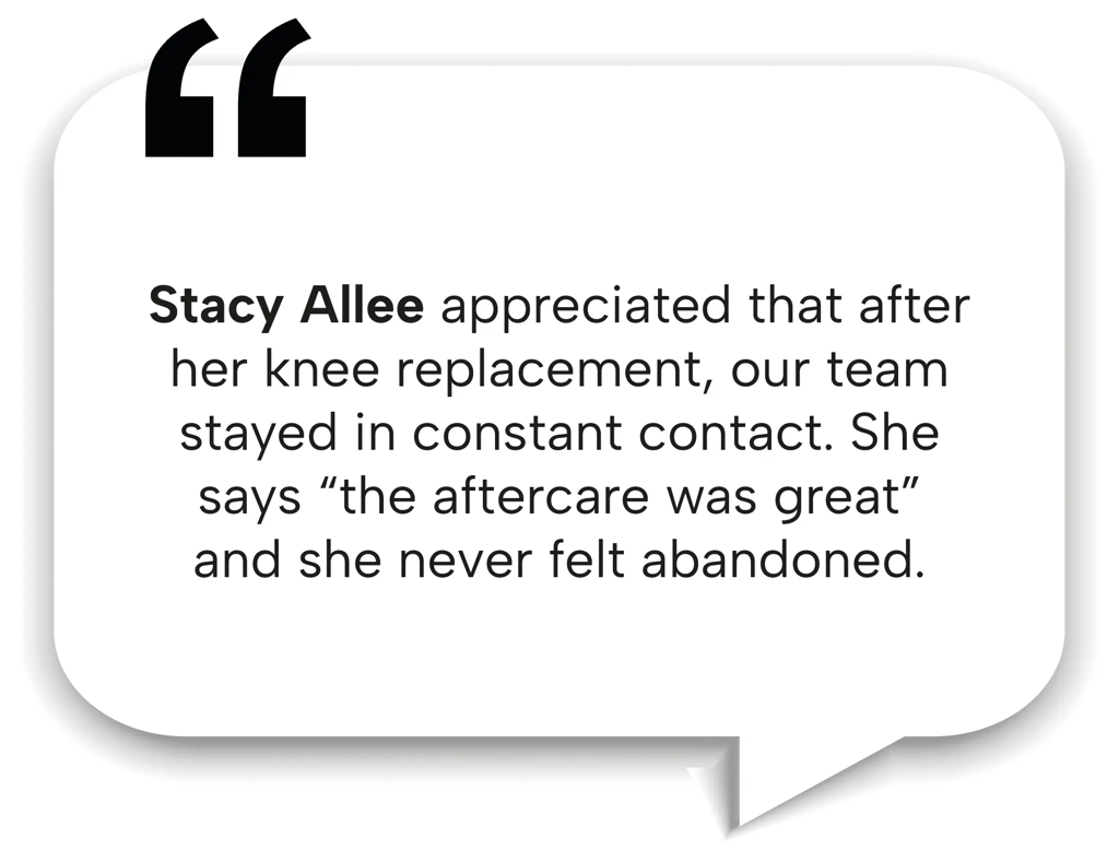 Stacy Allee's review mentioning "the aftercare was great" after her knee replacement in Mexico.