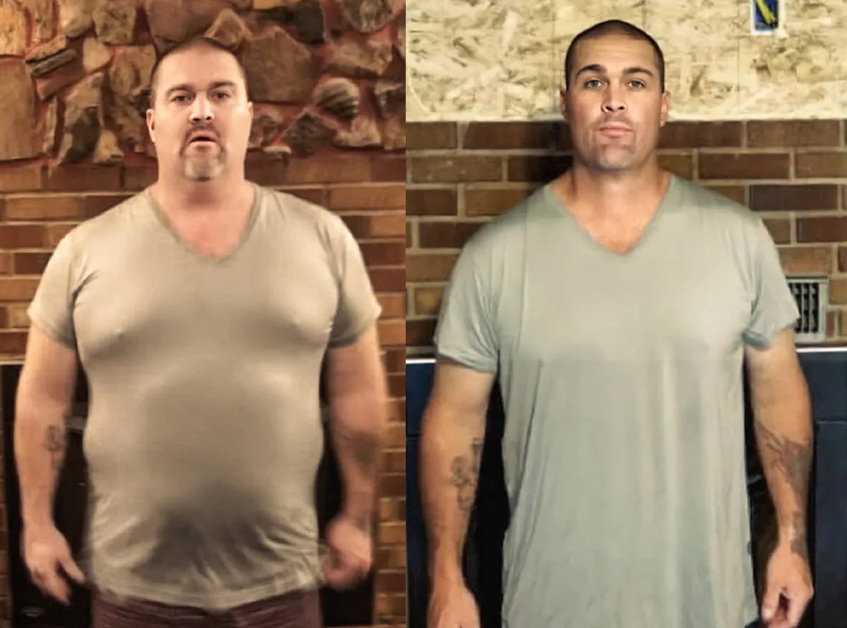 Full-body photograph of a man before and after bariatric surgery. The "before" image shows the man overweight. The "after" image shows significant weight loss, with a leaner figure and a more toned physique. The result reflects the success of the Gastric Sleeve procedure in Tijuana.