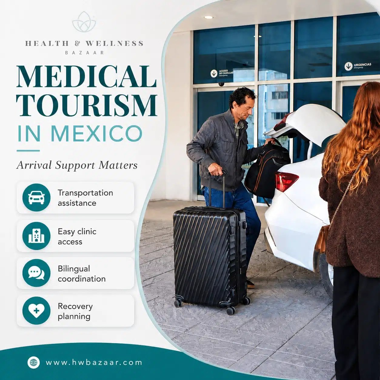 Medical Tourism Packages in Mexico: What Patients Should Know Before Traveling 3 Health & Wellness Bazaar graphic titled "Medical Tourism in Mexico: Arrival Support Matters." Left side lists services: Transportation assistance, Easy clinic access, Bilingual coordination, and Recovery planning. Right side shows a man loading luggage into a white car outside a hospital entrance.