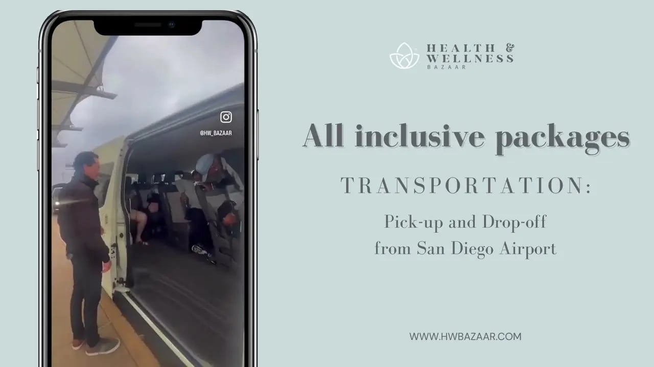All-Inclusive Plastic Surgery Packages in Mexico – What’s Really Included & How to Choose Safely 3 A promotional graphic for Health and Wellness Bazaar showing a shuttle van and passengers at an airport, with text advertising all-inclusive transportation pick-up and drop-off from San Diego Airport.