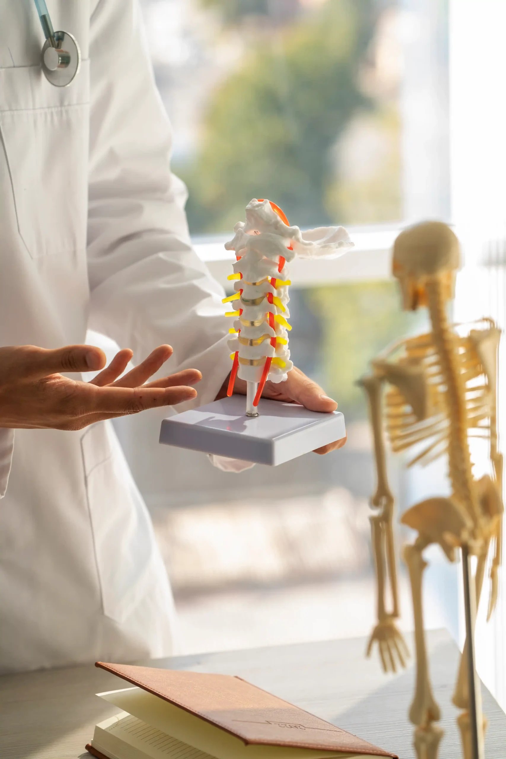 Spinal Fusion in Tijuana, Mexico 16 Close-up of a doctor in Tijuana holding a cervical spine model with nerves to explain spinal fusion surgery to a patient.