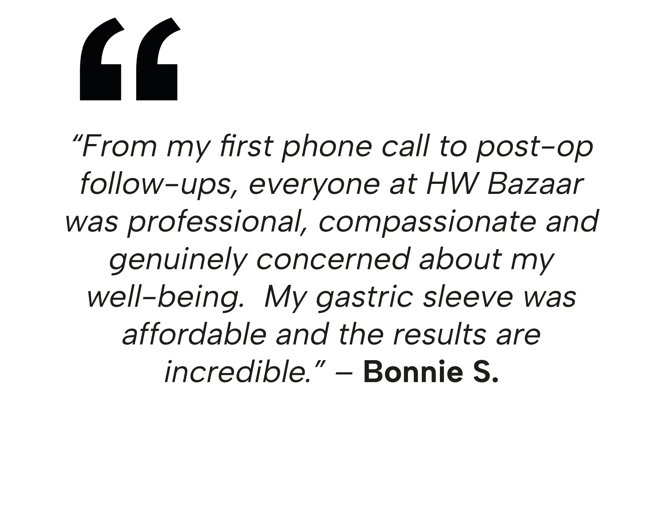 Patient review mentioning affordable weight loss surgery options and gastric sleeve results.