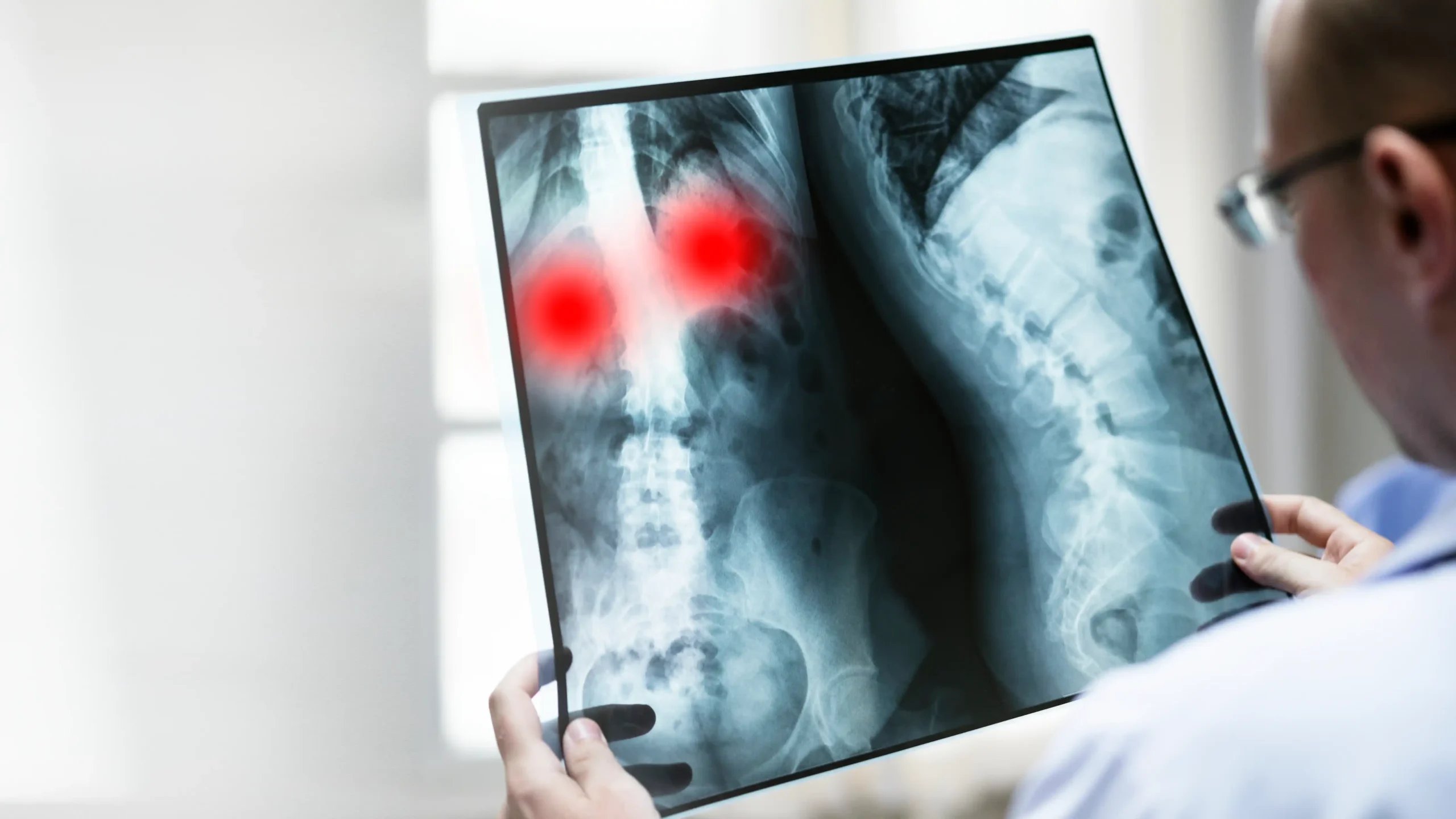 Discectomy in Tijuana, Mexico 18 Spine surgeon in Tijuana examining a spinal X-ray with inflammation markers to diagnose a disc hernia.