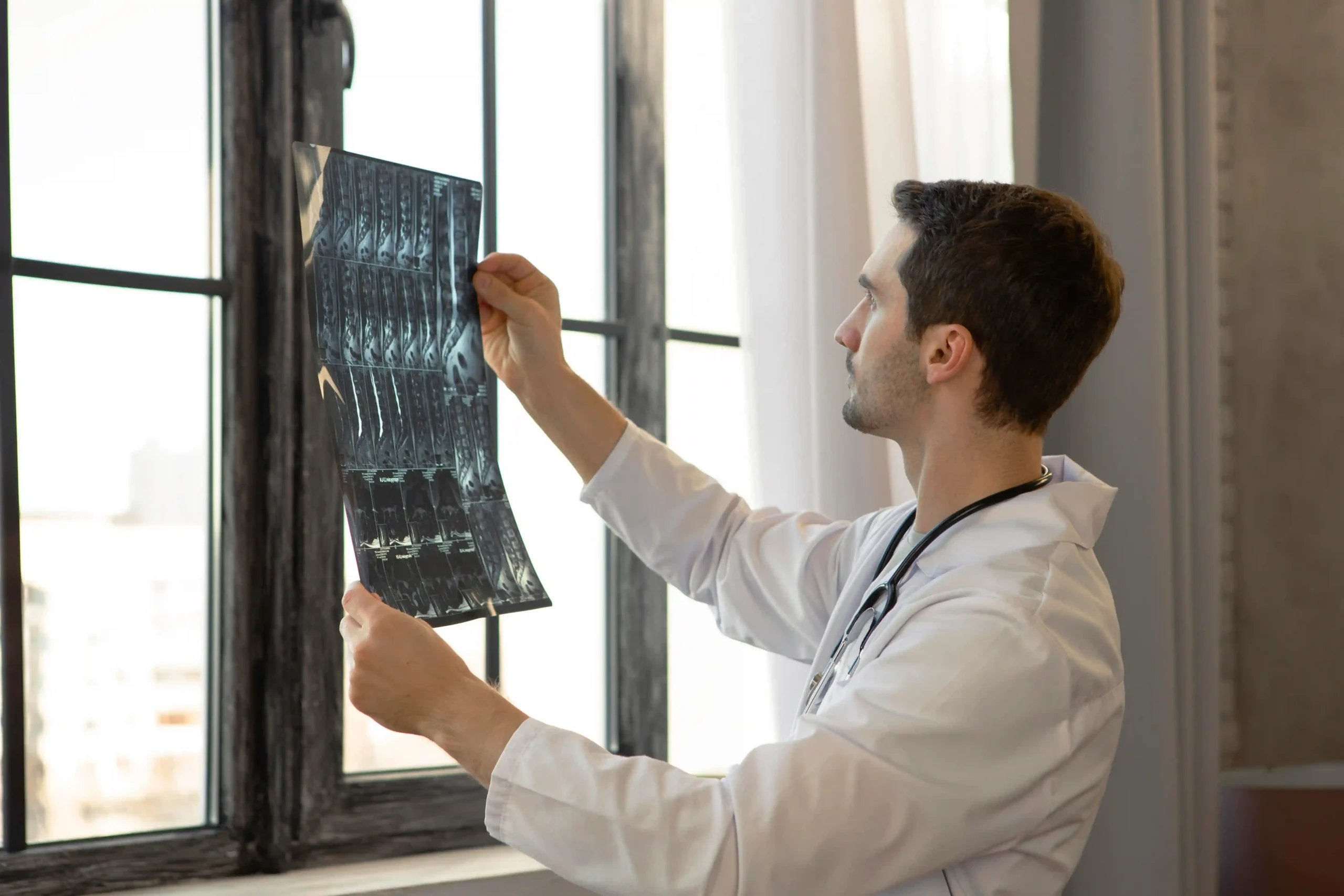 Spinal Fusion in Tijuana, Mexico 20 A spinal specialist in Mexico carefully reviewing a patient's X-ray to determine the best approach for a spinal fusion in Tijuana.