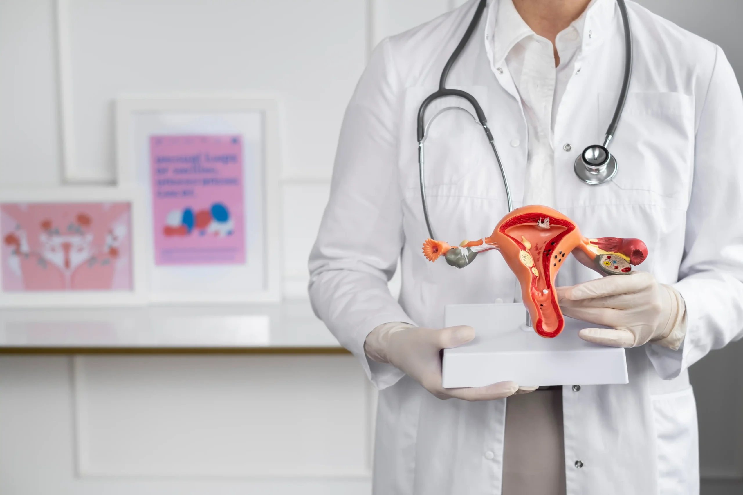 IUI Fertility in Tijuana, Mexico 16 Medical specialist holding an anatomical model of the female reproductive system to explain IUI procedure in Tijuana.