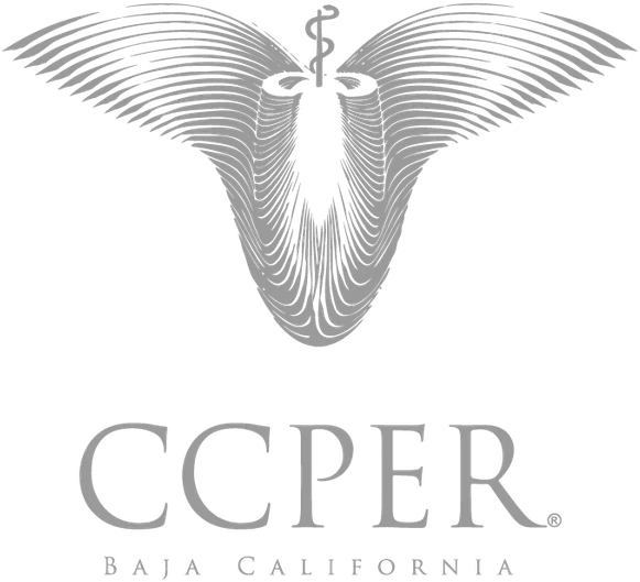 Mommy makeover Landing 6 Gray logo of the College of Plastic, Esthetic and Reconstructive Surgeons of Baja California (CCPER) with a stylized wing and caduceus emblem.