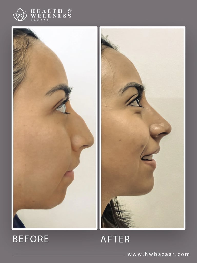 Before & After Gallery 6 Profile of a woman before and after rhinoplasty. The "before" image shows a nose with a prominent bridge. The "after" image reveals a nose with a smoother bridge and a slightly upturned tip, enhancing facial harmony. The results correspond to a procedure performed at Health & Wellness Bazaar.