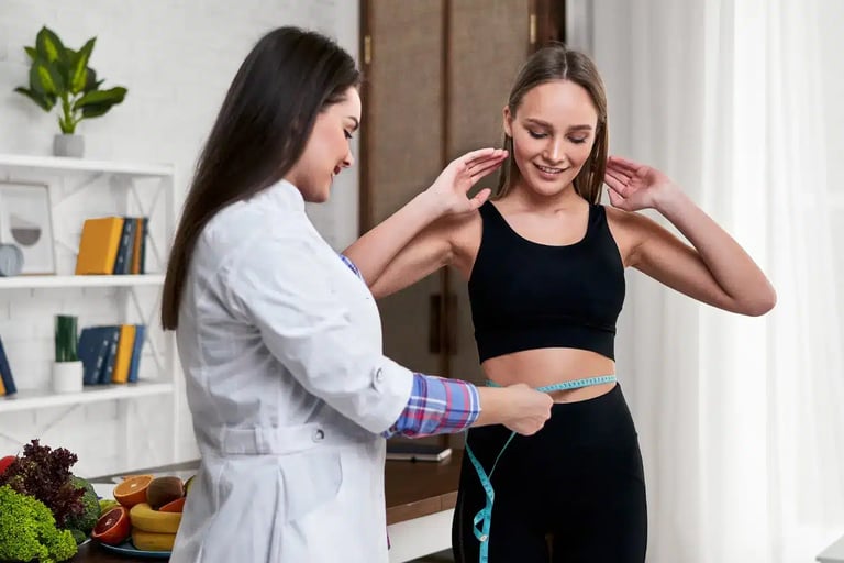 Profesional de la salud midiendo la cintura de una paciente tras una pérdida de peso significativa, discutiendo el saggy skin after weight loss surgery y opciones de post-weight loss body contouring.