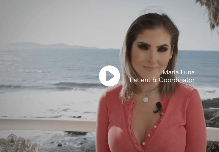 Video thumbnail of Marla Luna, plastic surgery coordinator in Tijuana and former patient, sharing her success story with cosmetic surgery Mexico packages by the ocean.