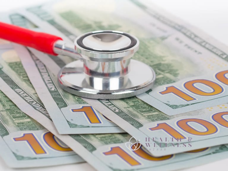 A medical stethoscope resting on US dollar bills, symbolizing the value and skin removal surgery cost at Health & Wellness Bazaar.