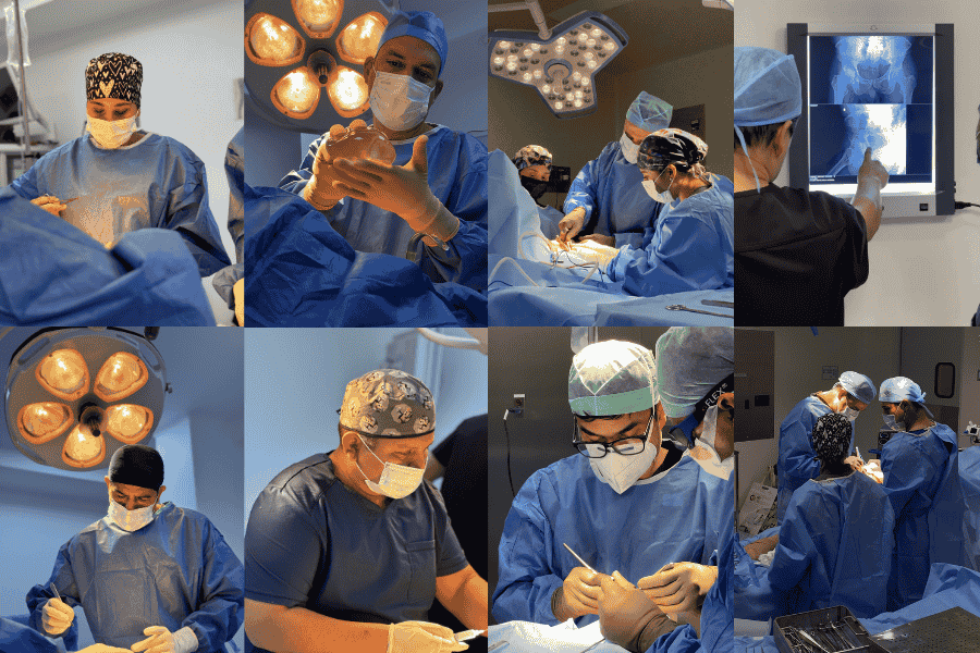 Expert surgeons and doctors in Tijuana, Mexico – A collage showcasing a skilled medical team performing surgeries, reviewing X-rays, and preparing for procedures in a state-of-the-art facility.