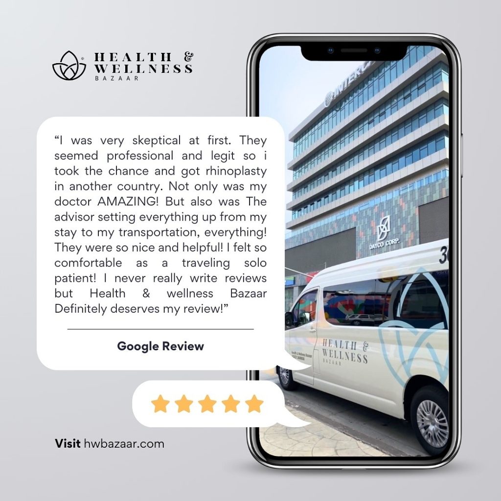 A Google review displayed on a smartphone screen, featuring a satisfied rhinoplasty patient praising the professionalism and support of Health & Wellness Bazaar. The background shows a modern medical facility and a branded transportation van.