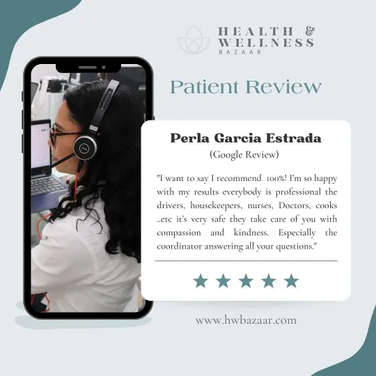 Patient review for Health & Wellness Bazaar highlighting professional care and support, with a testimonial from a satisfied patient.