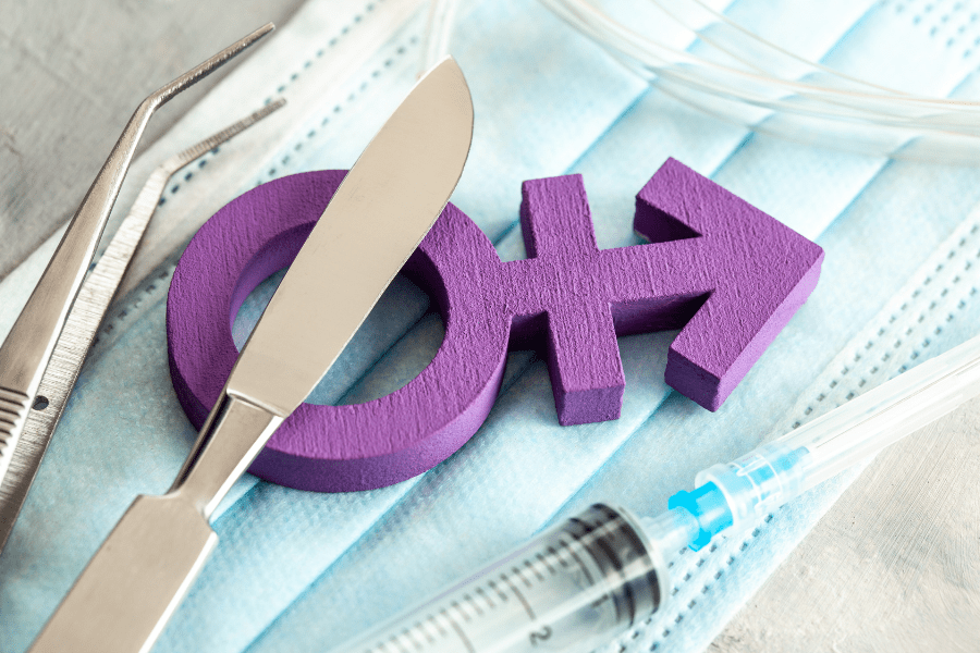 HWBazaar offers gender-affirming surgery in Tijuana, Mexico, symbolized by instruments and a gender symbol on a medical mask.