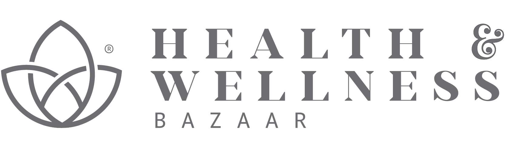 Health & Wellness Bazaar logo in gray color, featuring a lotus or bud symbol on the left, and the text "HEALTH & WELLNESS BAZAAR".