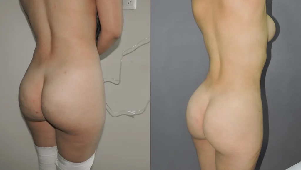 Liposuction in Tijuana, Mexico 21 Side-by-side comparison of liposuction results in a patient, showing significant fat removal from the lower back and flanks for a sculpted body contouring in Tijuana.