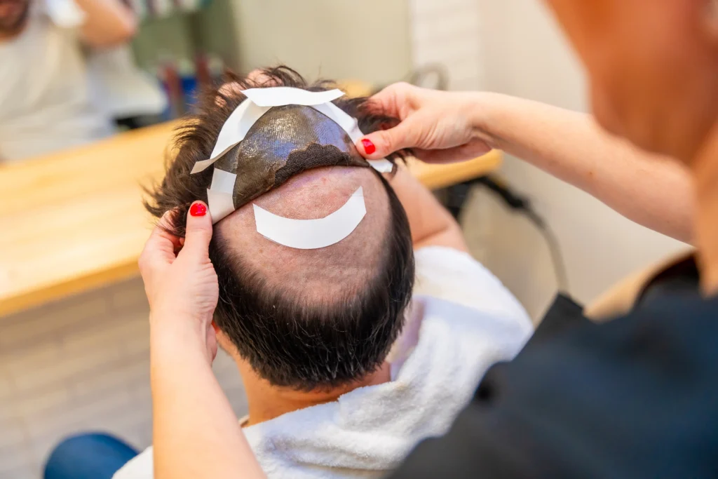Hair Transplant in Mexico – What You Need to Know Before You Book 4 Hair restoration specialist in Tijuana attaching a professional hairpiece to a patient as an alternative to surgical hair implants.