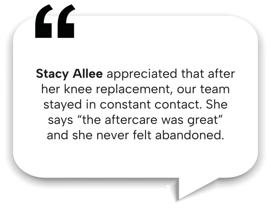 Stacy Allee's review mentioning "the aftercare was great" after her knee replacement in Mexico.