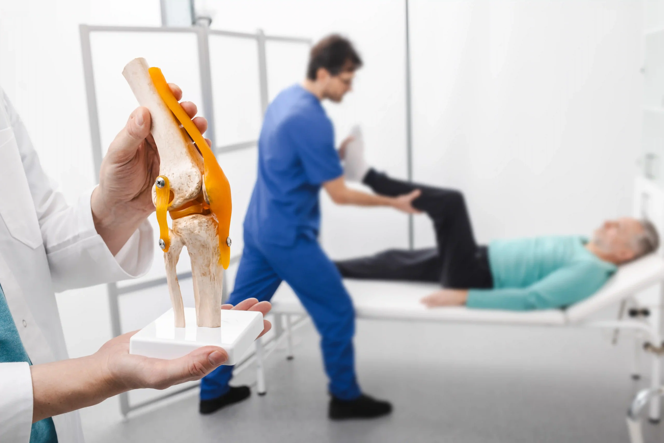 Hip Replacement in Tijuana, Mexico 18 Specialist holding a joint model while a patient undergoes therapy, illustrating the path to hip replacement in Tijuana.