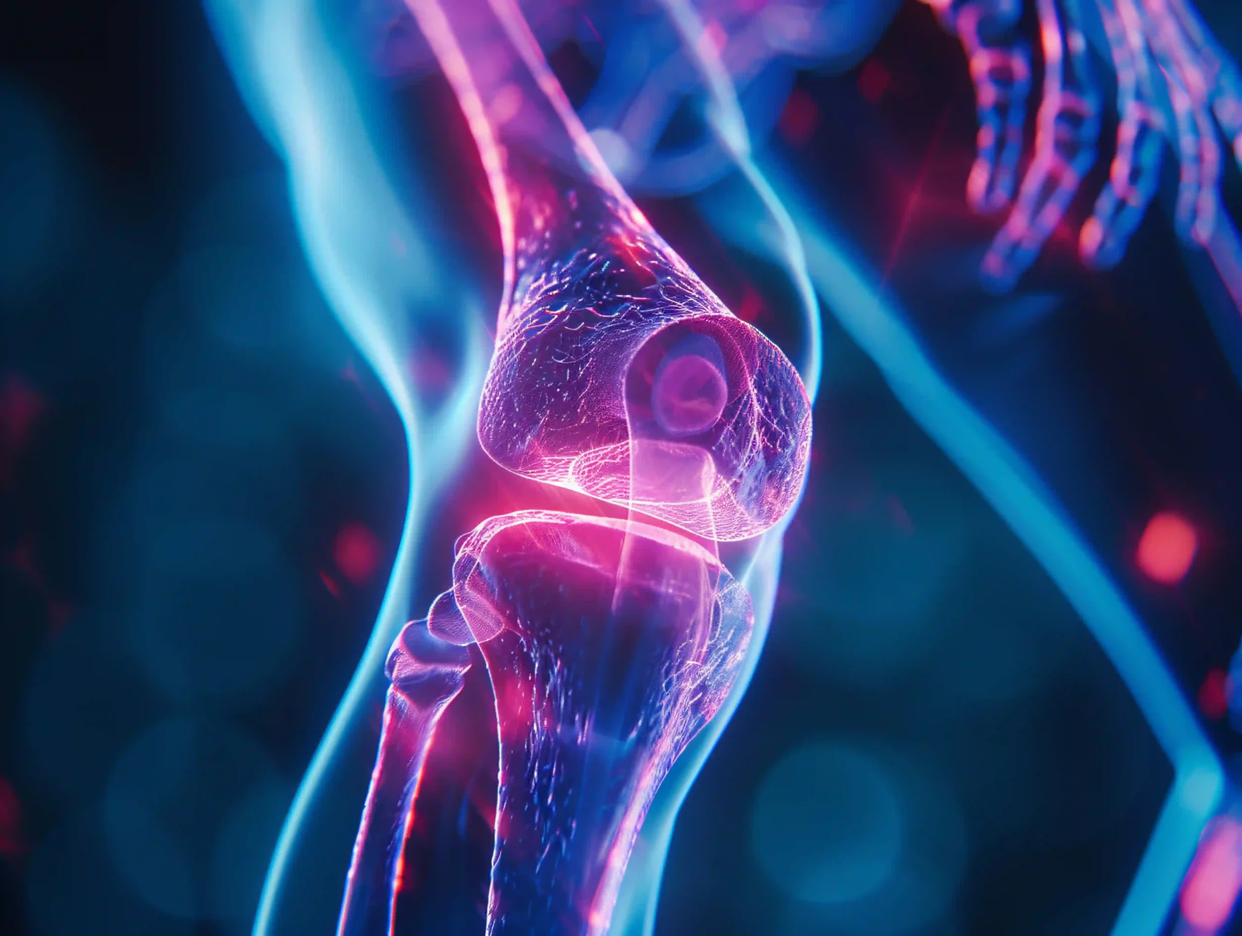 Joint Cartilage Regeneration in Tijuana, Mexico 14 Stylized neon x-ray of a knee joint illustrating advanced joint cartilage regeneration in tijuana.