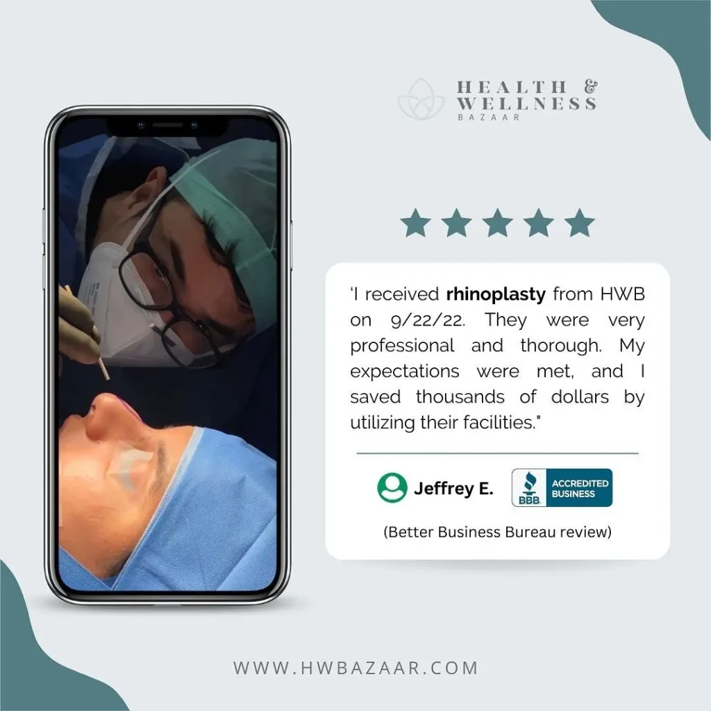 Rhinoplasty Cost in Mexico: What You Will Really Pay and How to Choose Safely 4 A 5-star Better Business Bureau review for Health & Wellness Bazaar rhinoplasty surgery. The image shows a surgeon operating and a quote from patient Jeffrey E. praising the cost savings and professional results.
