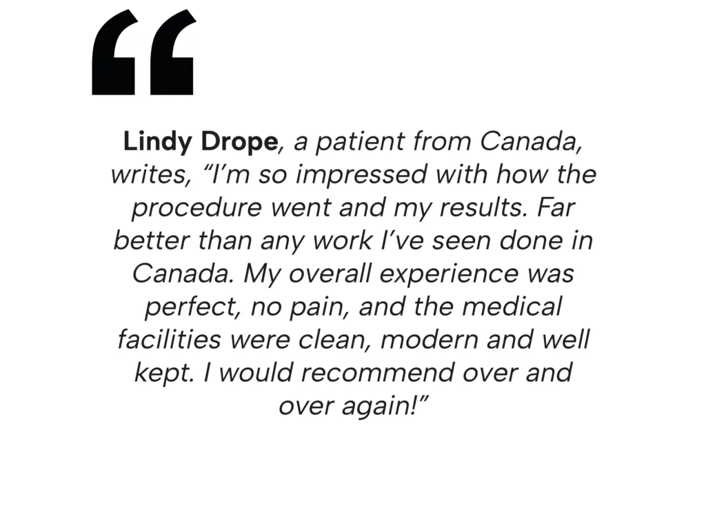 Patient testimonial from Lindy Drope about her successful rhinoplasty in Tijuana and modern medical facilities.
